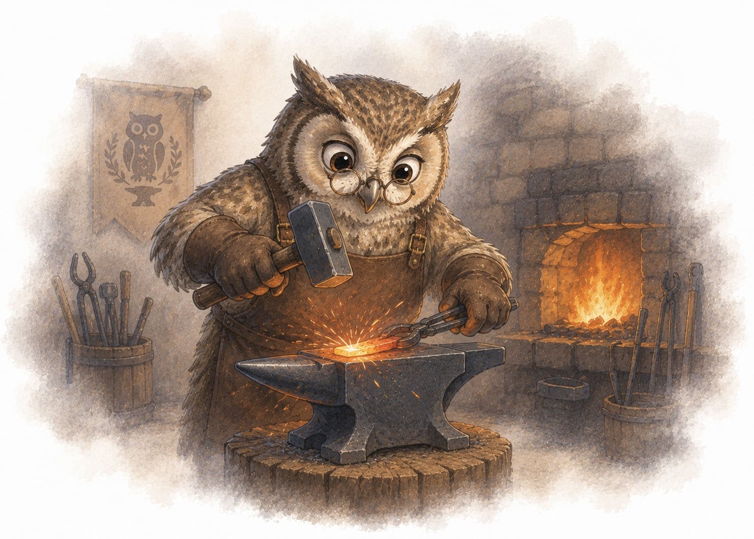 AMBOSS Partnerillustration mit Eule in einer Werkstatt